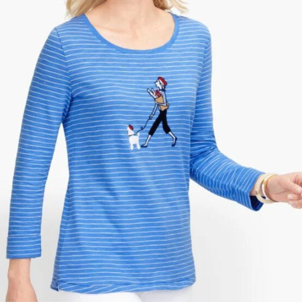 TALBOTS Petite Blue Embordered French Poodle Long Sleeve Tee Womens Small